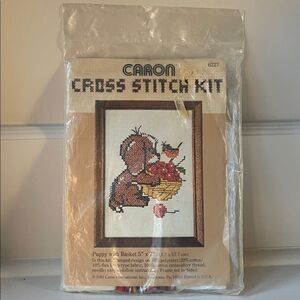 NEW Sealed 1981 Vintage Caron Cross Stitch Kit 6227 Puppy with Basket 5 x 7